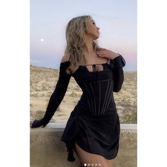 HOUSE OF CB Gianna Corset Silk Long Sleeve Dress in Black Size Small - Picture 12 of 16